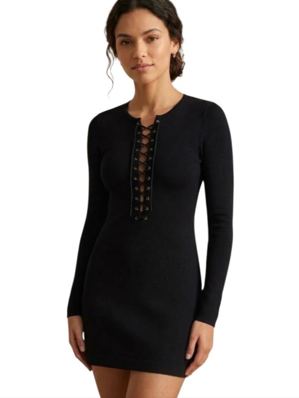 Nicole Miller Lace Up Front Long Sleeve Cocktail Party Dress